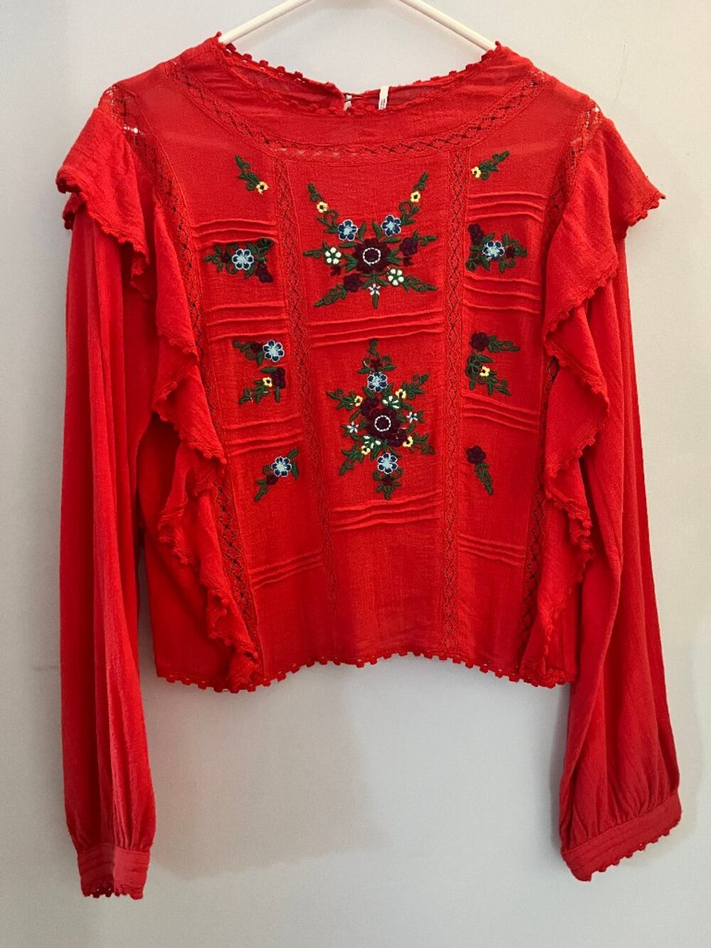 Free People Women’s Small Floral Embroidered Red Long-sleeve Top